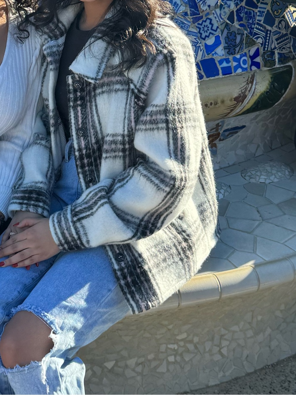Plaid Wool-Blend Shacket in Cream and Black